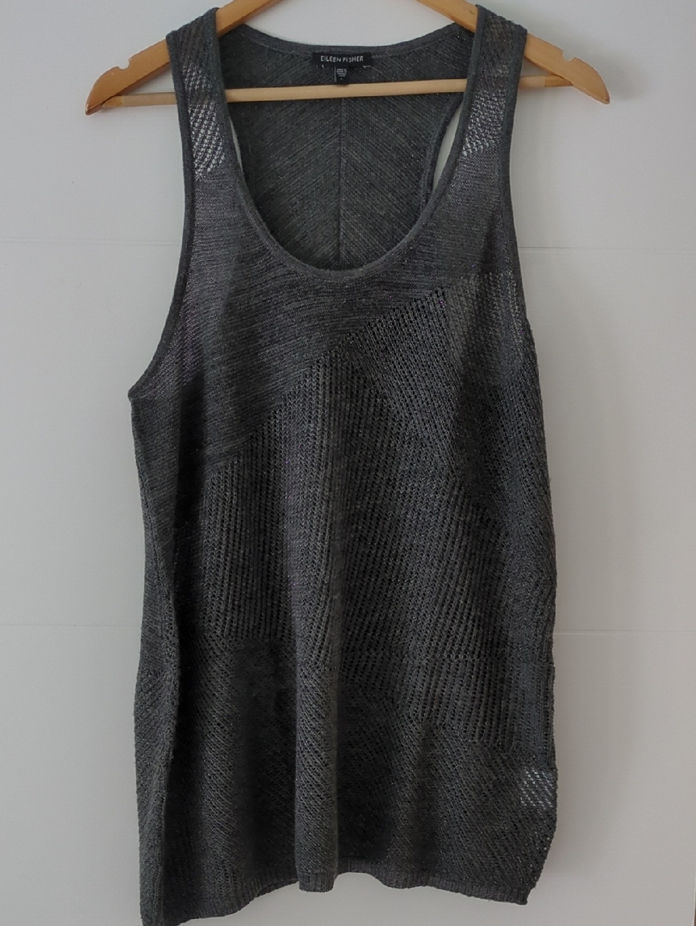 Eileen Fisher Dark Gray Knit Merino Wool Metallic Thread Race Back Tank Top Sz L